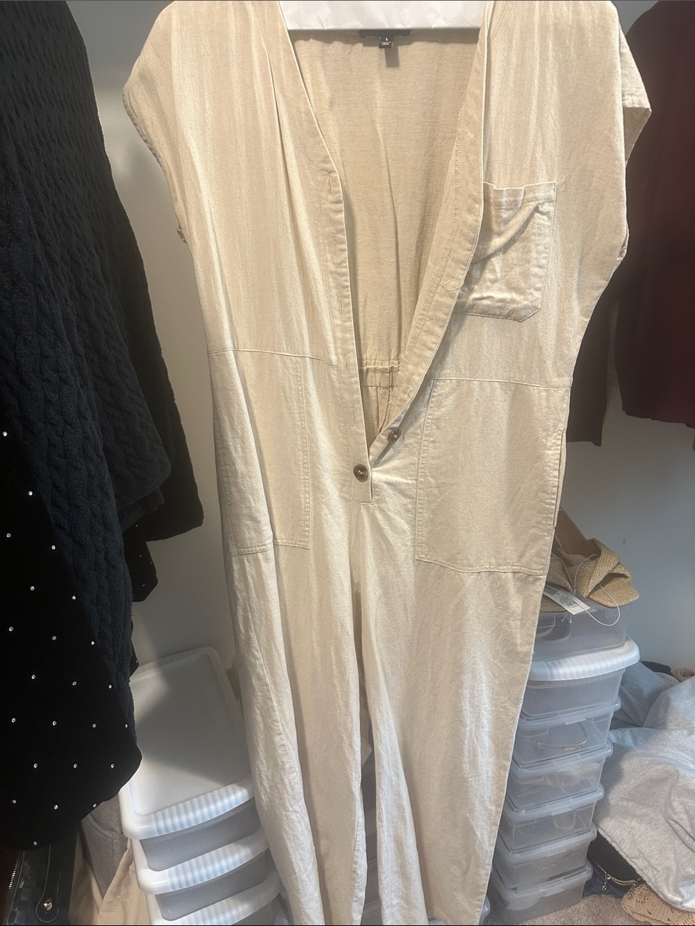 Relaxed Cream Utility Jumpsuit with Front Pocket